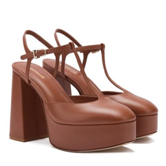 Larroude Pixie Platform Pump in Caramel Tan Leather T Strap Chunky Heel 9.5 NWOB - Picture 1 of 15